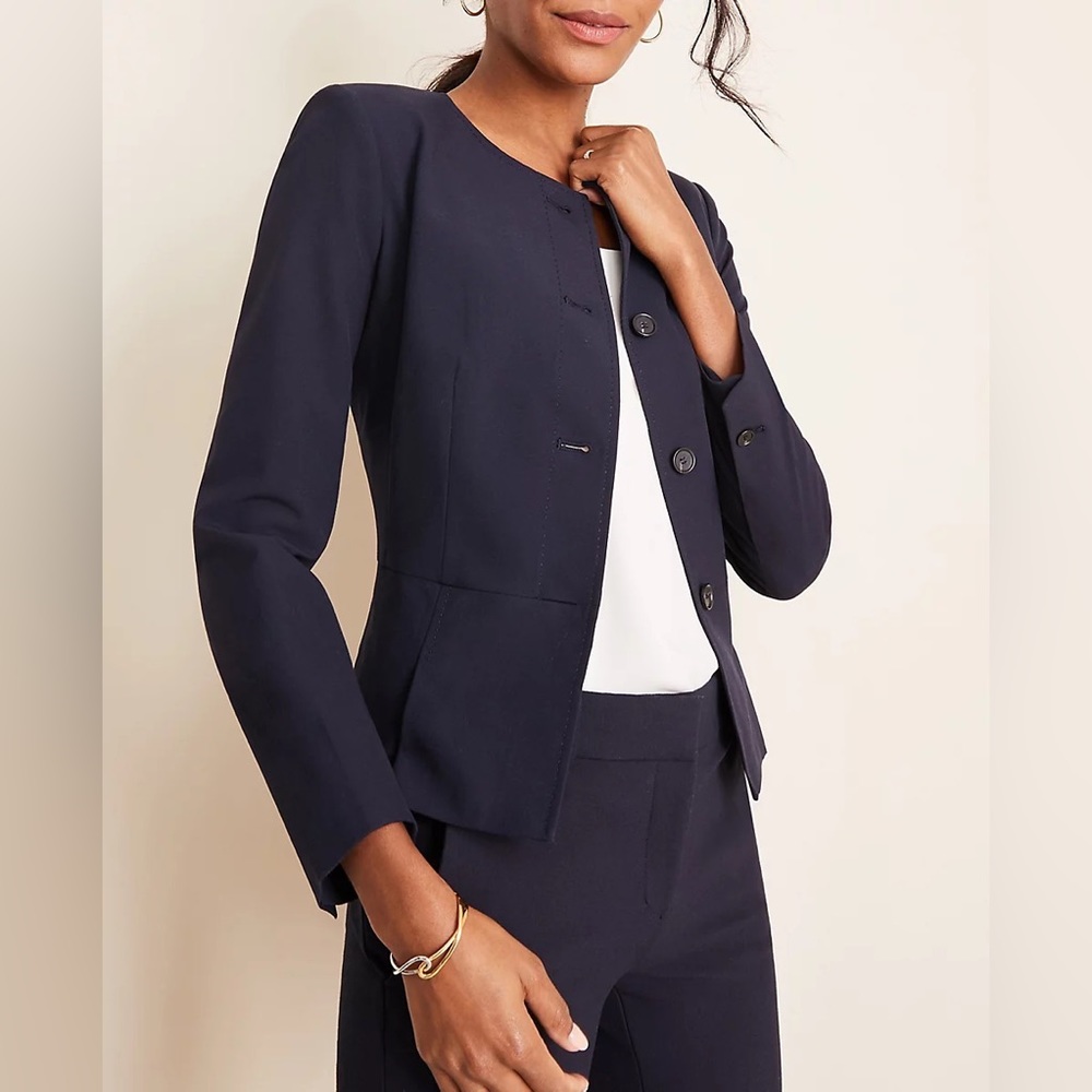 Petite Pleated Crewneck Jacket in Seasonless Stretch (Ann Taylor Fitted Blazer)